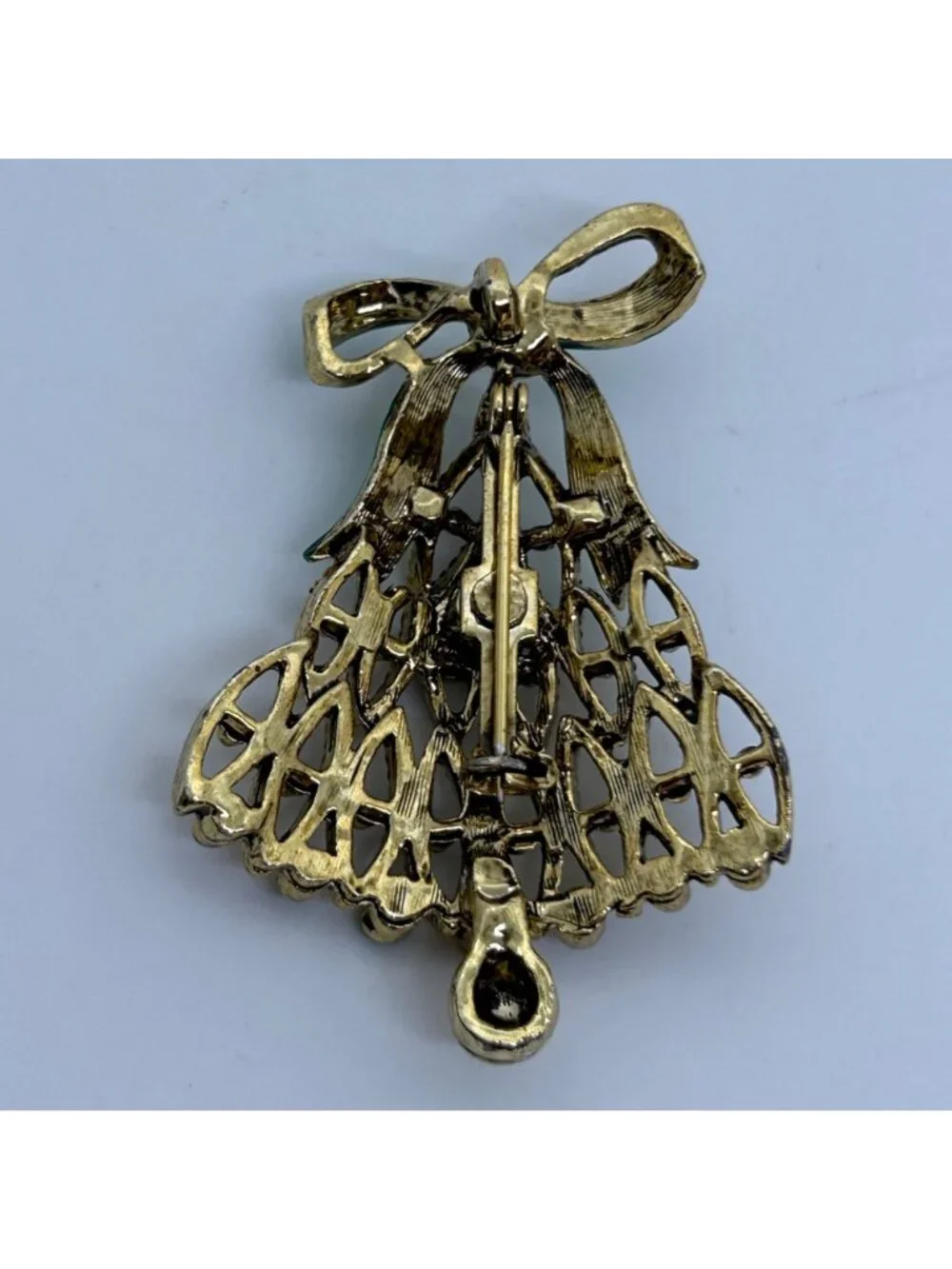 Vintage Christmas Tree Bell-Shape Brooch Gold Tone Green Enamel Bow Holiday Pin